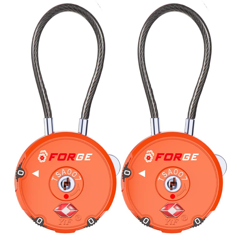 Forge Quality TSA Approved Luggage Locks for Travel Accessories, Suitcase, Pelican case, Set Your own Combination, Zinc Alloy Body-Cable Locks Orange 2 Locks