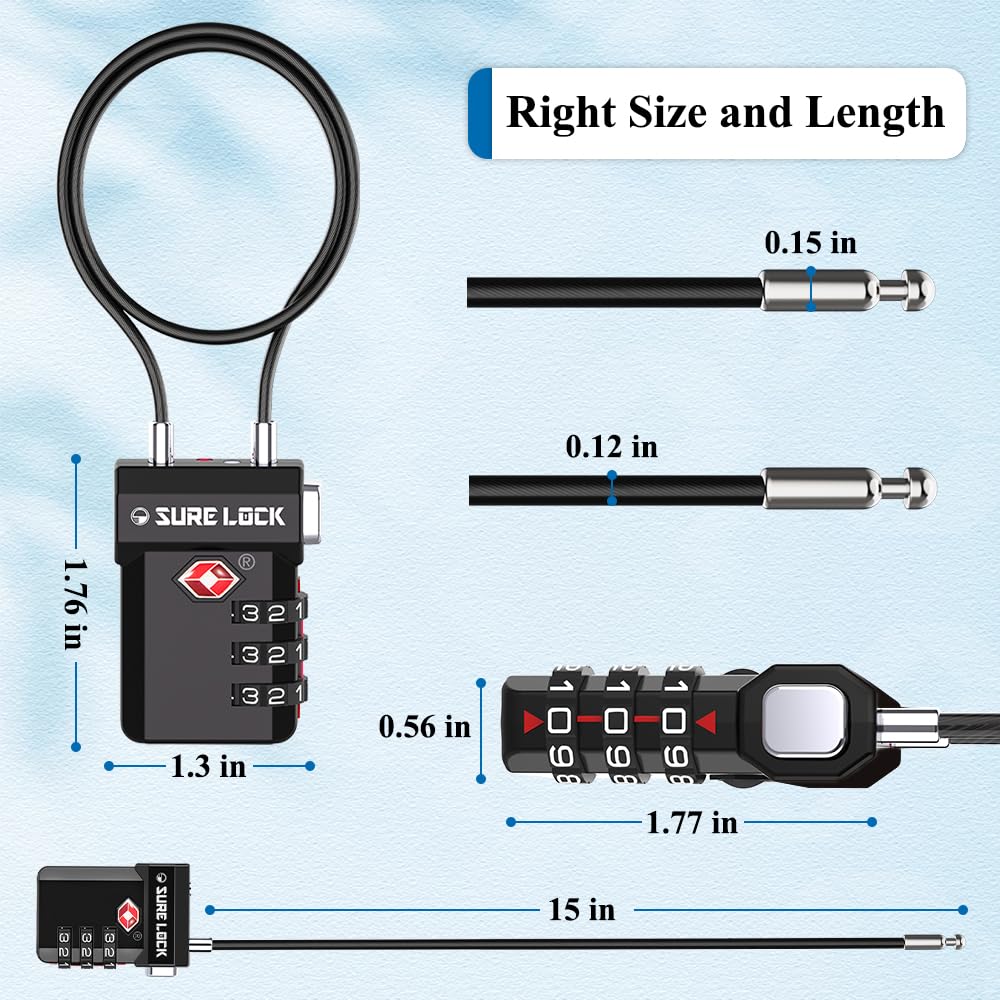 SURE LOCK TSA Approved 3-Digit Combination Luggage Locks – Open Alert Indicator, Re-settable Code with Zinc Alloy Body, Easy-Read Dials for Suitcase, Backpack, Gym Locker & Toolbox(Extra Long Cable)