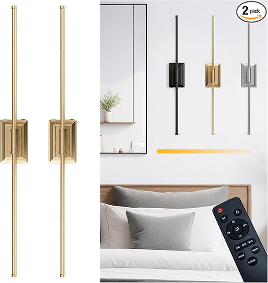Battery Operated Wall Light Set of 2 - Gold Picture Wireless Led Plug In Walls Sconce Fixture Indoor - Art Decor Bathroom Sconces Rechargeable - Modern Bedroom Cordless Lights Fixtures with Remote