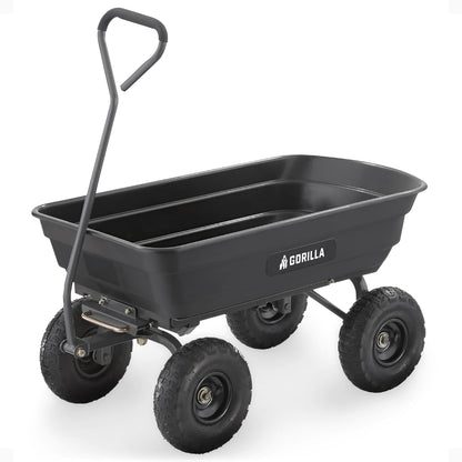 Gorilla Carts GOR4PS Poly Garden Dump Cart with Steel Frame and 10-in. Pneumatic Tires, Padded pull handle and Quick-release for easy unloading, 600-Pound Capacity, Black