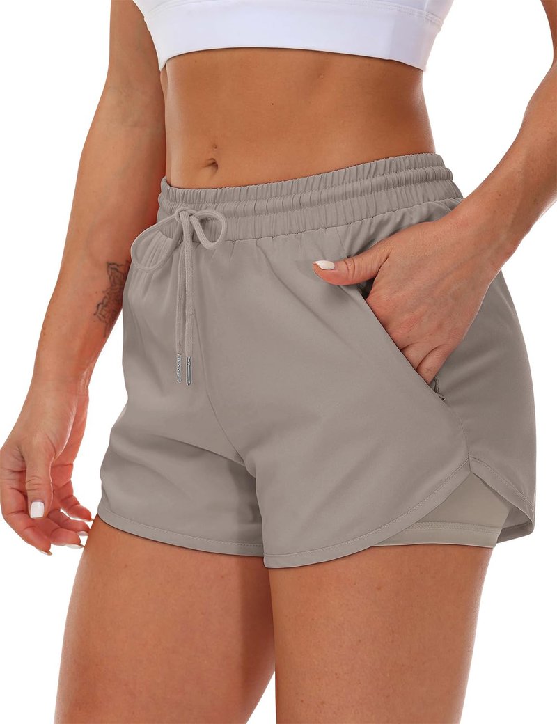 Mancreda Women's Running Shorts with Liner 3 Zipper Pockets Elastic Workout Athletic Gym Yoga Shorts(CA,S) Khaki
