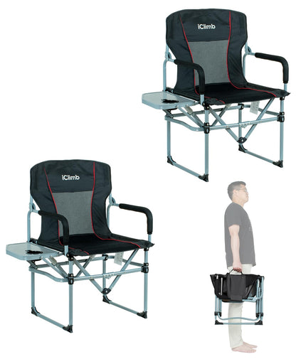 iClimb Heavy Duty Compact Camping Folding Mesh Chair with Side Table and Handle (Black, 2PC)