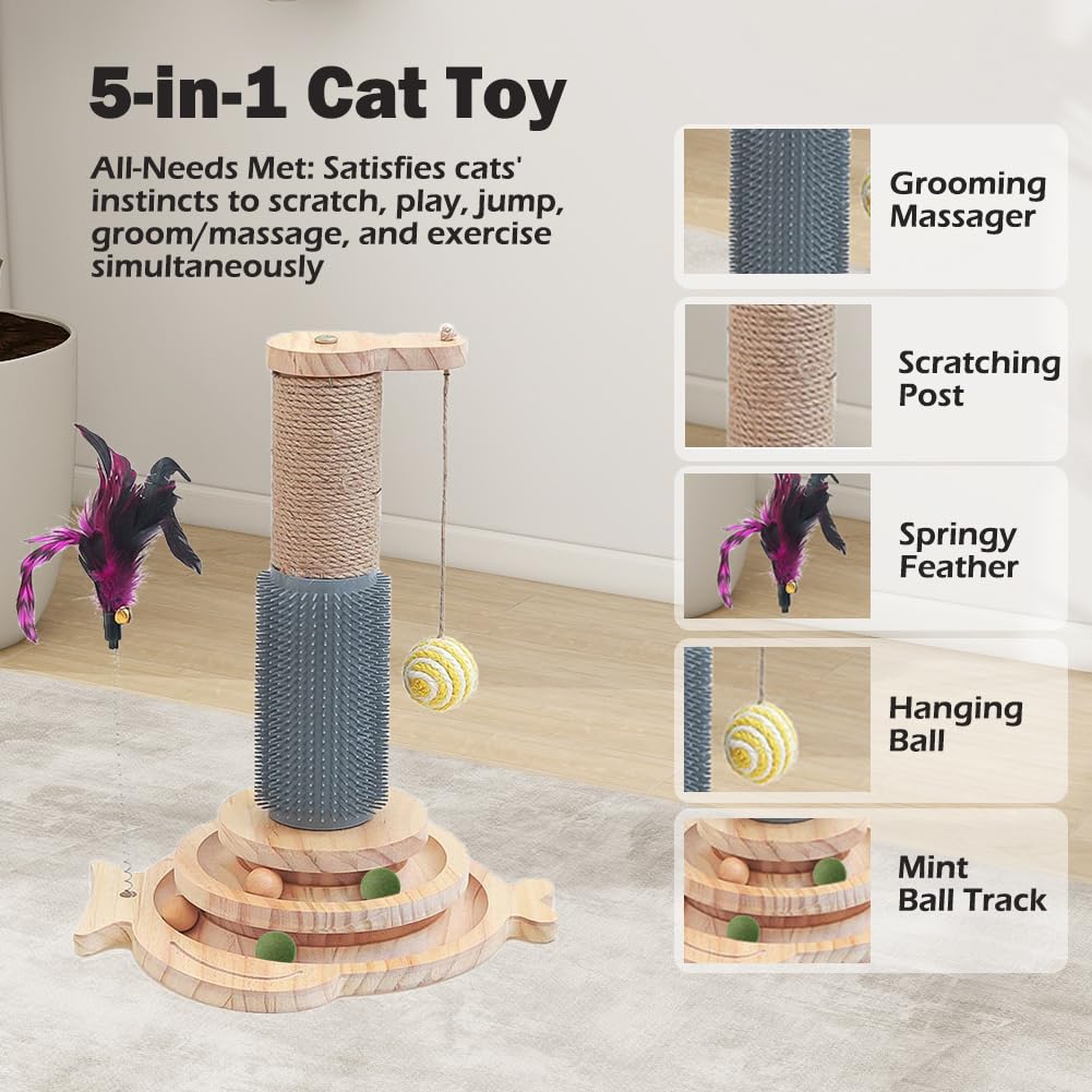 Marchul 5 in 1 Cat Toys - Cat Sisal Rope Scratching Post with Hanging Ball, Interactive Track Toy Ball for Indoor Playing