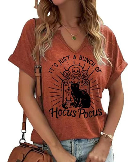 It's Just A Bunch of Hocus Pocus V Neck T Shirt Women Halloween Black Cat Printed Short Sleeve Shirt Fall Graphic Tee Tops(XL,H-Orange)