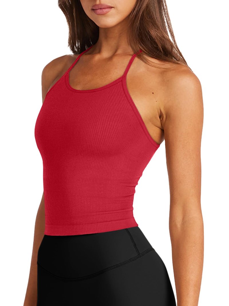 LASLULU Red Tank Tops for Women 2026 Built in Bra Racerback Seamless Ribbed Workout Sports Bra Pilates Dance Gym Tops Sexy Casual Fall Fashion Outfits(Red Small)
