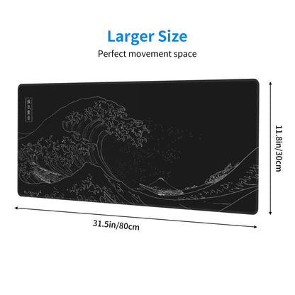 Japanese Gaming Mouse Pad Black Mouse Pad Kanagawa Large Mousepad Non-Slip Rubber Base Waterproof with Stitched Edges for Gaming Office Home, 31.5x11.8 Inch (Black Wave)