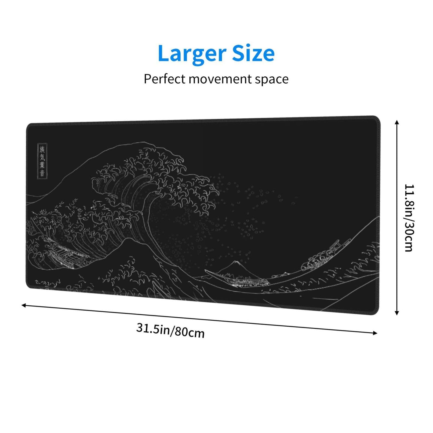 Japanese Gaming Mouse Pad Black Mouse Pad Kanagawa Large Mousepad Non-Slip Rubber Base Waterproof with Stitched Edges for Gaming Office Home, 31.5x11.8 Inch (Black Wave)
