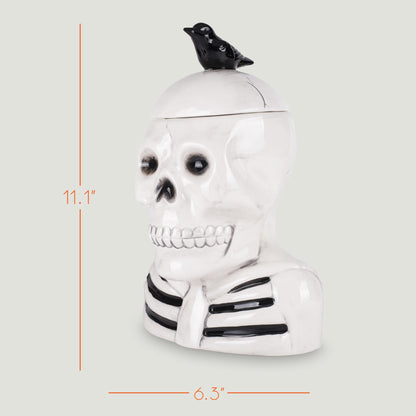 100 North Dolomite Ceramic 12 x 8.5 Halloween Cookie & Candy Jar with Airtight Lid: Perfect for Kitchen Canisters, Pet Treat Containers & Fall Decorative Candy Dish, Skeleton with a Crow