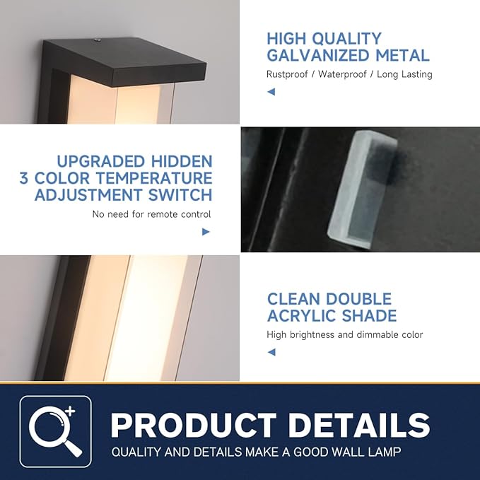 Outdoor Wall Light Fixtures,Exterior Waterproof Lanterns,15%-100% Dimmable,3CCT 3000K/4000K/6500K,2160LM Aluminum Outdoor Modern Wall Lights,10.23 Inch Matte Black Indoor Wall Sconce Art Lights 1 Pack