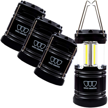 Gold Armour Camping Lantern, Battery Powered LED Lanterns, Survival Kits for Power Outages, Hurricane, Emergency, Portable Camping Essentials (4Pack Black)