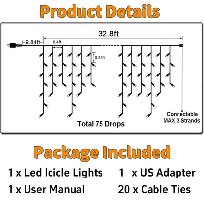 LED Icicle Lights Outdoor 32.8FT, Warm White 400 LED Icicle Waterproof Christmas Decorations String Lights with Timer Remote, 8 Modes Connectable Eave Curtain Fairy Light for Xmas, Thanksgiving, Party