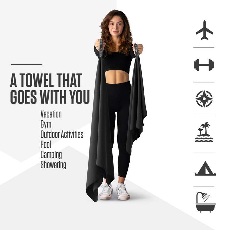 VENTURE 4TH Quick Dry Towel - Microfiber Travel Towel for Camping, Hiking, Gym, Beach - Lightweight, Packable, Compact Backpacking Companion - Black Medium