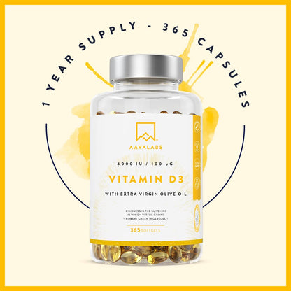 Vitamin D3 4000 IU - with Extra Virgin Olive Oil for Optimum Absorption - High Strength Vitamin D Supplement Contributes to Bone, Muscle and Immune Function - 365 Vitamin D Capsules
