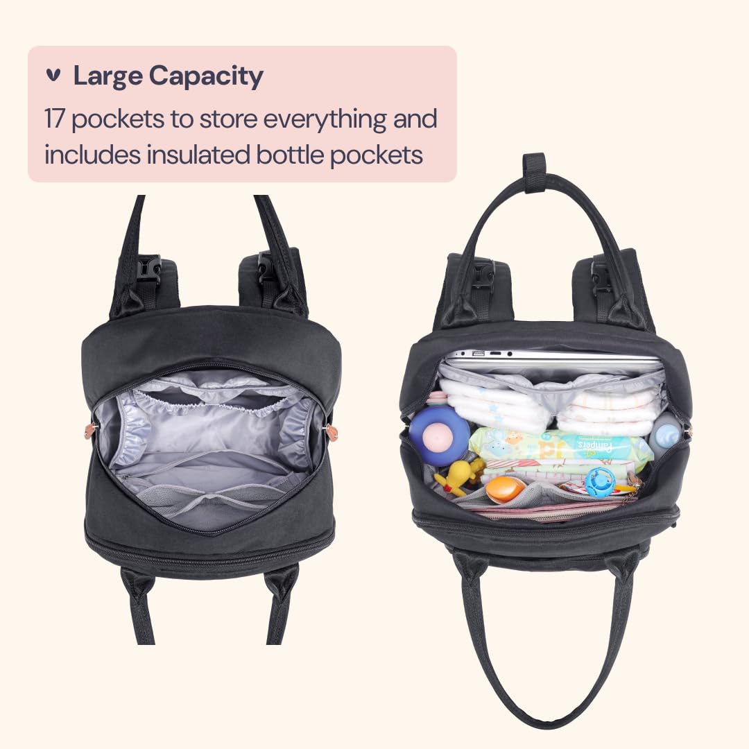 BabbleRoo Baby Changing Bag Backpack, Nappy Changing Back Pack Diaper Bags with Changing Mat & Pacifier Holder for Mom & Dad (Black)