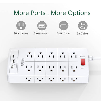 Power Strip 23 in 1, 20 Outlets Surge Protector Wall Mount with 2 USB+1 USB C Ports, Multi Plug Extension Cord 6ft Heavy Duty, Accessories for Gaming, Studio, Home, Office, Desk Organizers