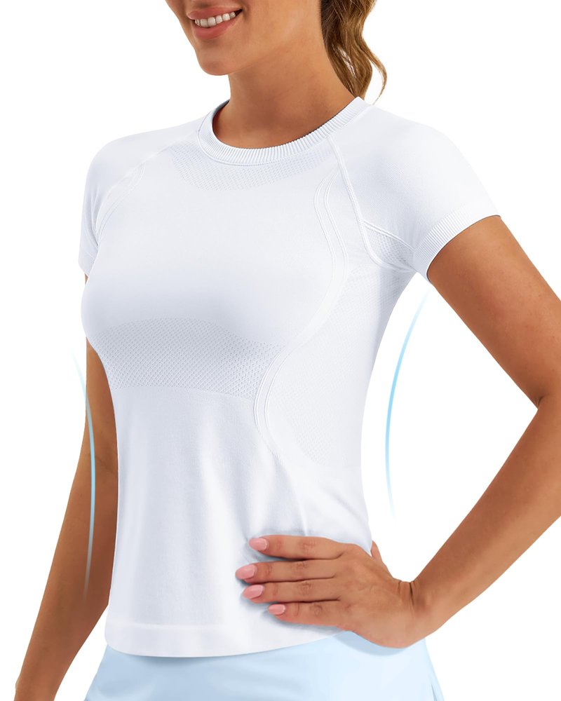 Stelle Women Workout Tops Short Sleeve Seamless Athletic Shirts Yoga Gym Sports Breathable Tees(White,S)