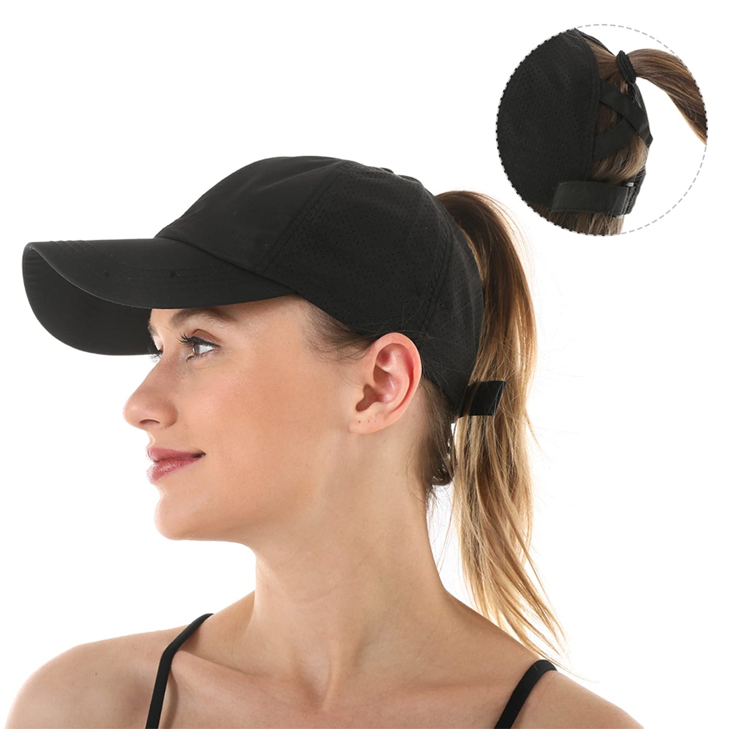 HGGE Womens Criss Cross Ponytail Baseball Cap Adjustable High Messy Bun Trucker Hats Quick Drying Mesh Dad Ponycap for Outdoor Sports Travel Black