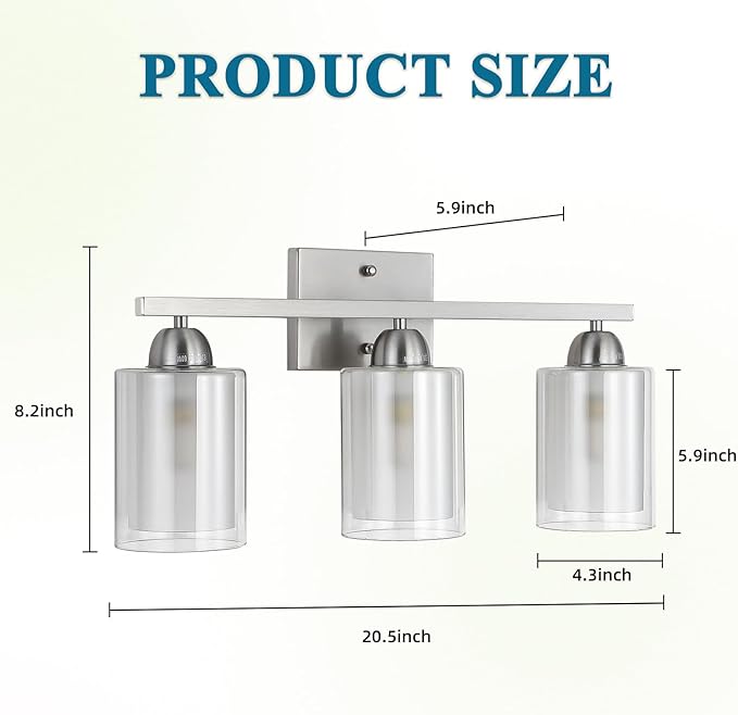 Stainless Steel Bathroom Vanity Light Over Mirror, 3 Light Brushed Nickel Bathroom Light Fixtures with Milk Glass and Clear Glass Shades, Modern Vanity Lighting Wall Mount