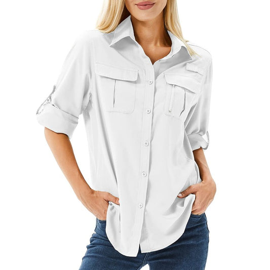 Toumett Women's UPF 50 Long Sleeve UV Sun Protection Safari Shirts Outdoor Quick Dry Fishing Hiking Travel Shirts(White01,M,5071)