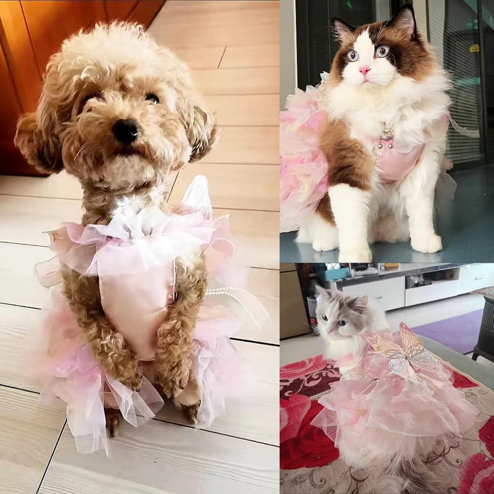 Anelekor Butterfly Dog Costume Pink Dog Dress with Leash Ring Lolita Puppy Clothes for Small Dog Girl Halloween Cat Outfit for Kitten Chihuahua Yorkie Pomeranian(Purple, Large)