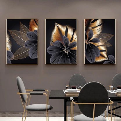 ConBlom Set of 3 Canvas Wall Art Painting - Modern Abstract Black Golden Leaf Plant Nordic Decorative Artwork for Bedroom Kitchen Living Room Home Decor (40 x 60cm- No Frame)