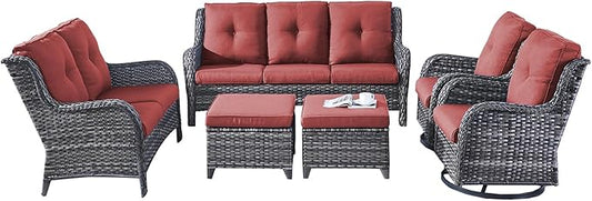 Rilyson Wicker Patio Furniture Set - 6 Piece Rattan Outdoor Sectional Conversation Sets with 2 Rocking Swivel Chairs,2 Ottomans,1 Sofa and 1 Loveseat for Porch Deck Garden(Mixed Grey/Red)