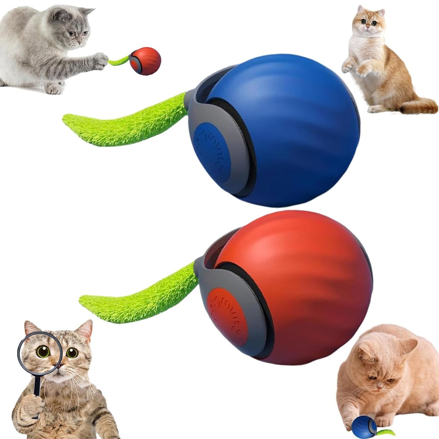 FXBUAF Speedy Tail 2.0, Automatic Moving Cat Toy Ball with Tail, Smart Interactive Cat Toy Ball, Two Speed Adjustment(Orange + Blue)