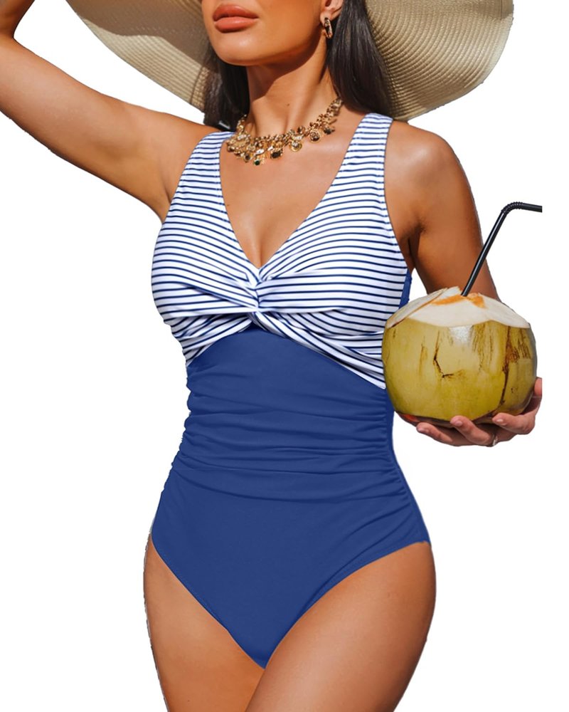 Holipick Blue Striped Women Tummy Control One Piece Swimsuit - Push Up Bathing Suit Full Coverage Slimming Swimwear S