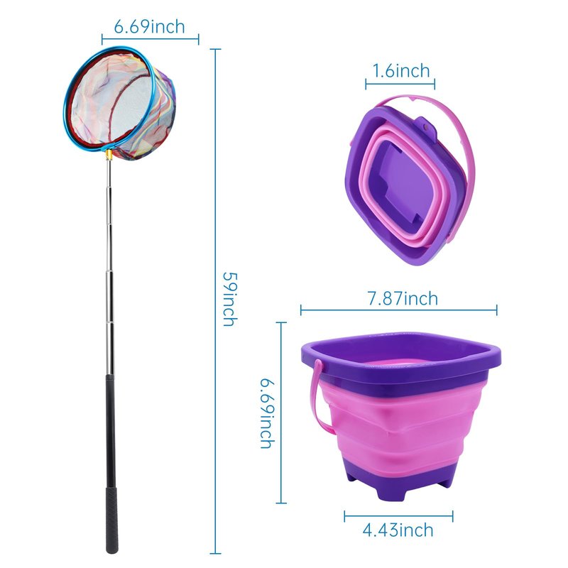 Autokcan 2PCS Fishing Net with Bucket, Retractable Fishing Landing Net, Collapsible Youth Sand Bucket, Youth Fish Butterfly Catching for Freshwater Saltwater Outdoor Activities