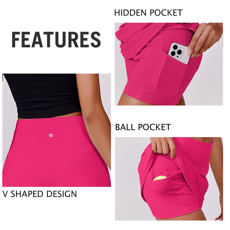 PINSPARK Tennis Skorts for Women with Pockets Tummy Control Athletic Golf Skort Lightweight Solid Skort Skirts with 2 Pockets, Hot Pink Large