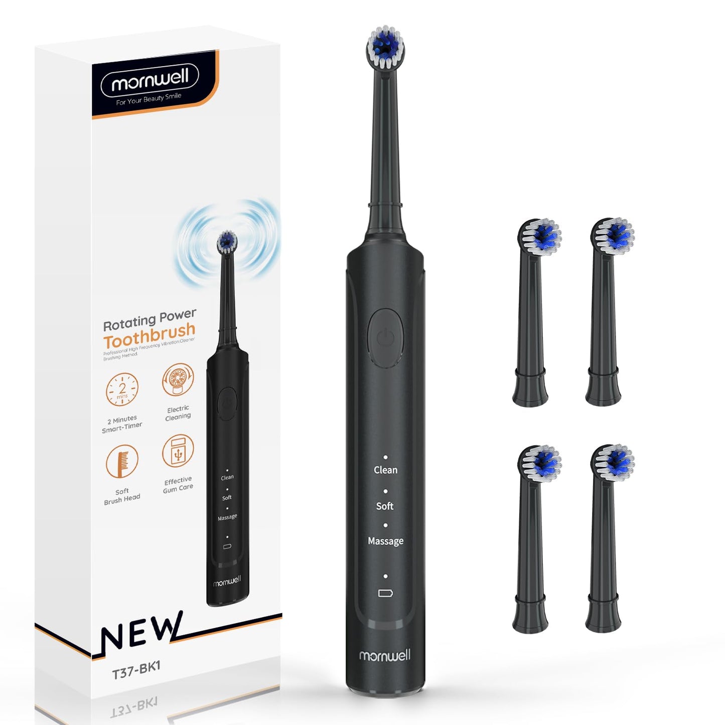 Mornwell Electric Toothbrush USB Fast Charging 3 Modes Rotary Toothbrushes Rechargeable Spin Toothbrushes with 4 Round Brush Heads for Adults & Kids Over 8 Years Old