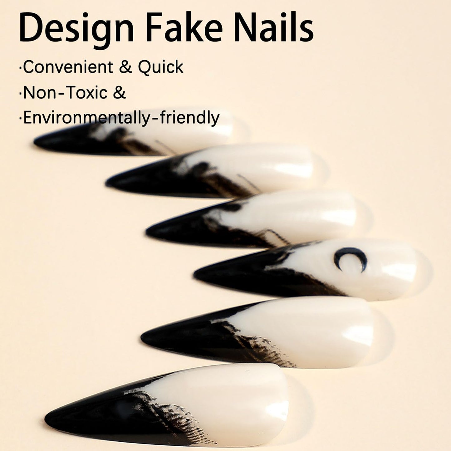 MABKJLF Halloween Press On Nails - Long Stiletto French Tip Fake Nails, Black Blood Gradient, Moon Designs, Glossy Glue On Artificial Nails, 24 Pcs