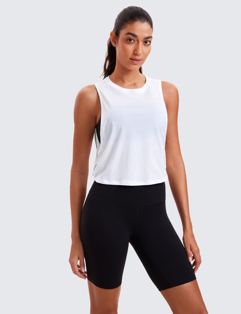 CRZ YOGA Pima Cotton Cropped Workout Tank Tops for Women - Sleeveless Sports Athletic Yoga Running Gym Crop Shirts Deep Armhole-White Medium
