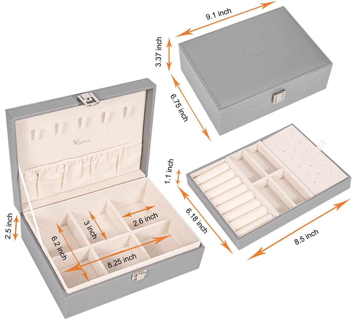 Voova Jewellery Box Organiser for Women Girls, 2 Layers Large Jewelry Storage Case, PU Leather jewlerrying Display Holder with Removable Tray for Necklace Earrings Rings Bracelets, Grey