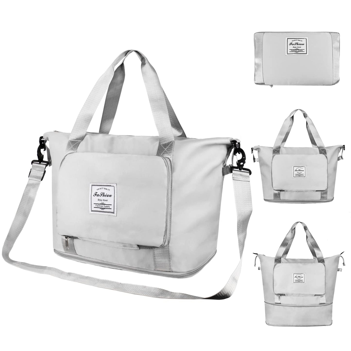 Foldable Travel Duffel Bag,Large Capacity Gym Tote Bag with Detachable Long Strap, Dry Wet Separated Overnight Bag (Gray)