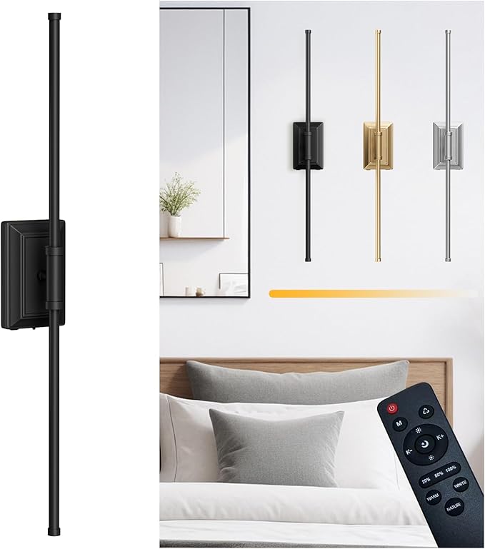 Battery Operated Wall Light Set of 1 - Black Picture Wireless Led Plug In Walls Sconce Fixture Indoor - Art Decor Bathroom Sconces Rechargeable - Modern Bedroom Cordless Lights Fixtures with Remote