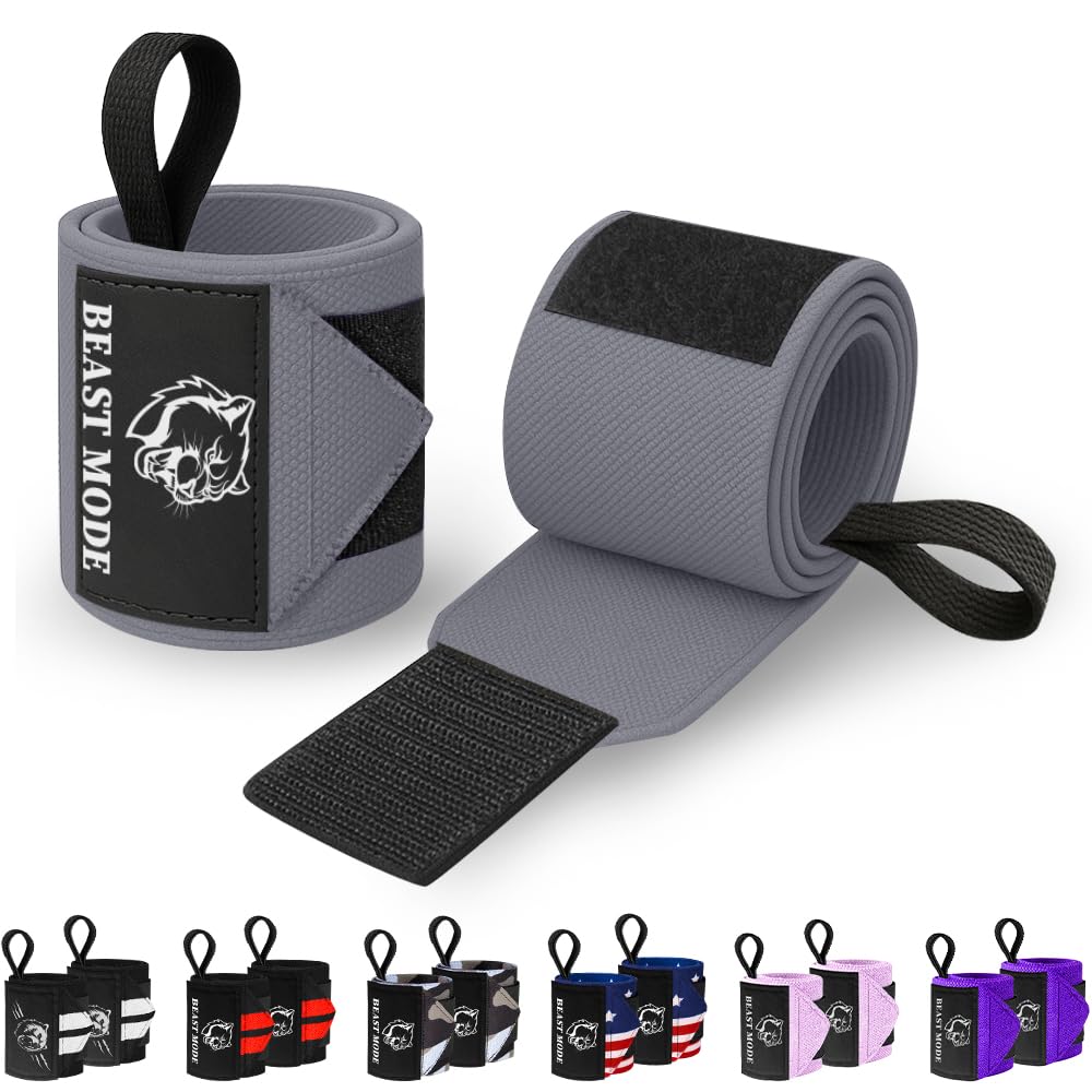 TECEUM Weightlifting Wrist Wraps with Thumb Loop – Gray – Beast Mode – 18 inch – Heavy-Duty Workout Wrist Support & Protection – Ideal for Powerlifting, Strength Training, Bodybuilding