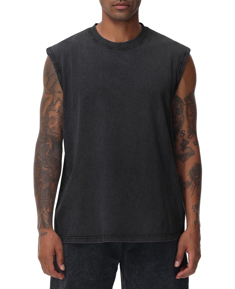 SnowElve Mens Workout Tank Tops Sleeveless Tee Shirts Men Muscle Shirt Gym Acid Wash T Shirts Running Beach Loose Fit Tee(BK,2XL) Black