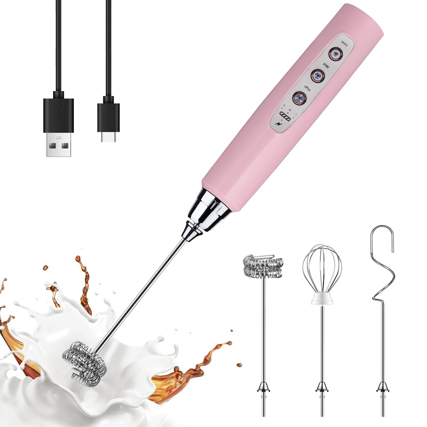 YUSWKO Black Handheld Milk Frother Wand for Coffee, Rechargeable Electric Whisk with 3 Heads 3 Speeds Drink Mixer Coffee Frother For Latte, Cappuccino, Hot Chocolate, Egg