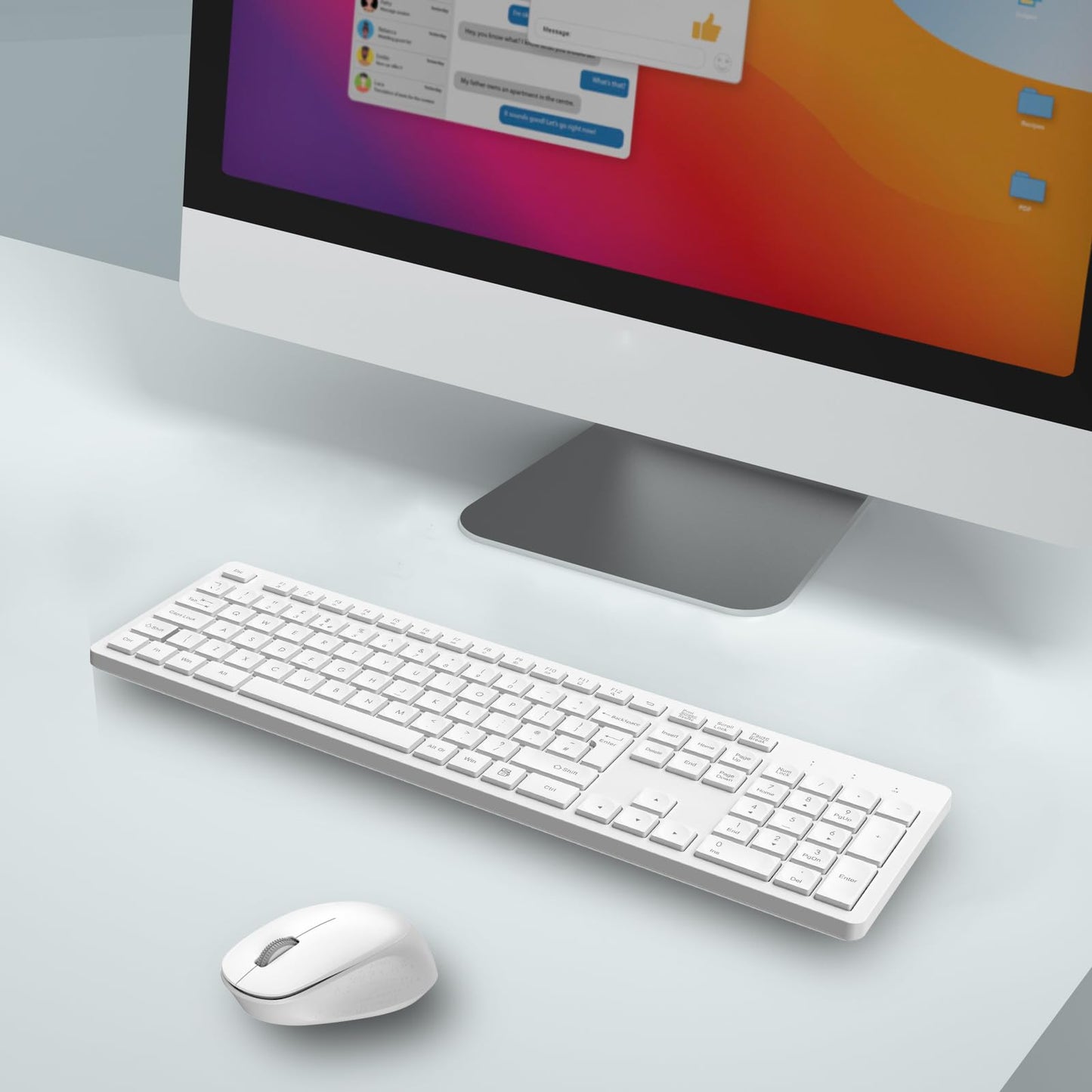 LeadsaiL Wireless Keyboard and Mouse Set, 2.4GHz USB Computer Keyboards and Mouse Combo, Soft Touch, Full Size UK QWERTY Layout with 12 Multimedia Shortcuts for HP/Lenovo Laptop and Mac-White