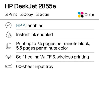 HP DeskJet 2855e Wireless All-in-One Color Inkjet Printer, Scanner, Copier, Best-for-home, 3 months of Instant Ink included, Single-band Wi-Fi connectivity (588S5A)
