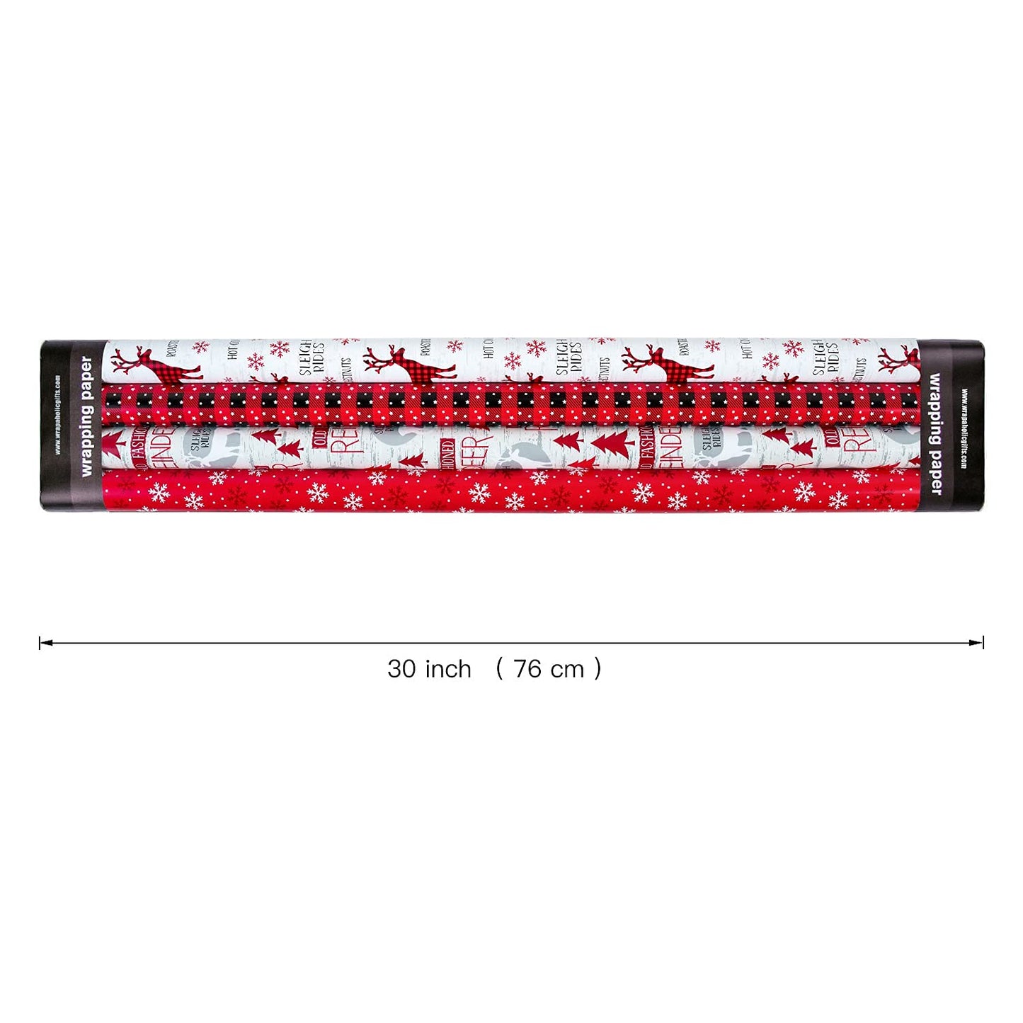 WRAPAHOLIC 30 Inch Christmas Wrapping Paper Roll - Jumbo Roll Rustic Holiday Woodland Scenes - Snowflake, Plaid, Reindeer - 4 Rolls - 30 Inch x 120 Inch Per Roll