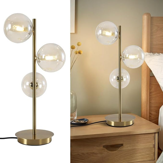 Gold Globe Bedside Lamp, 3 Lights Mid Century Modern Table Lamp, Contemporary Cognac Glass Globe Readin Lamp for Bedroom Living Room Study Room