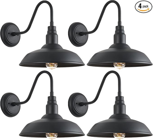 Gooseneck Barn Light with 14in Dome, 4 Pack Large Exterior Farmhouse Light with Wall Mount, Black Outdoor Wall Sconce for Porch Garage Door