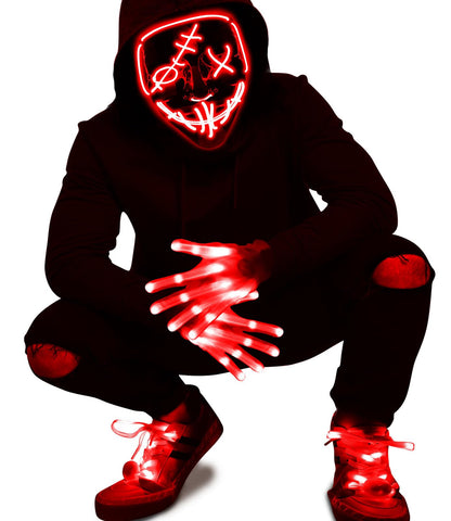 3 Set Halloween LED Mask Light Up Gloves and Glow Shoelaces Scary Mask Halloween Costume Cosplay Party for Adults