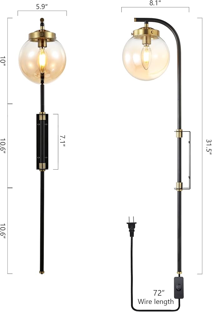 ELEHINSER Black Wall Sconces Set of 2 with Globe Shade, Modern Indoor Plug in Wall Lamps with Switch, Angle Adjustable Light for Bedroom Living Room Study Hallway Bedside