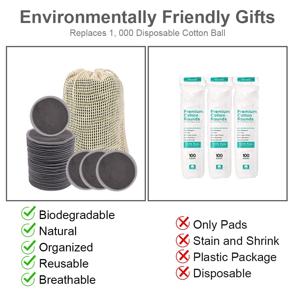LOPHE Washable Make-Up Pads, Pack of 24 Cotton Pads, Reusable, Made of Bamboo Charcoal, Make-Up Nursing Pads with Laundry Bag, Cotton Pads, Sustainable Make-Up Wipes for Facial Cleansing (Grey)