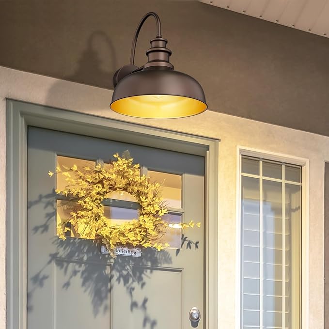Bestshared Gooseneck Barn Light 14 Inch Dome Farmhouse Wall Sconce, Outside Wall Mounted Light, Exterior Lighting Fixture, Porch Lighs for Entryway, Garage,Patio (ORB+Gold, 14” Dome-2Pack)