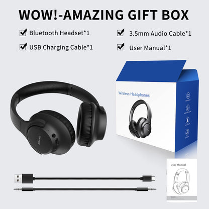 KVIDIO Bluetooth Headphones Over Ear, 65 Hours Playtime Wireless Headphones with Microphone, Foldable Lightweight Headset with Deep Bass,HiFi Stereo Sound for Travel Work PC Cellphone (Black)