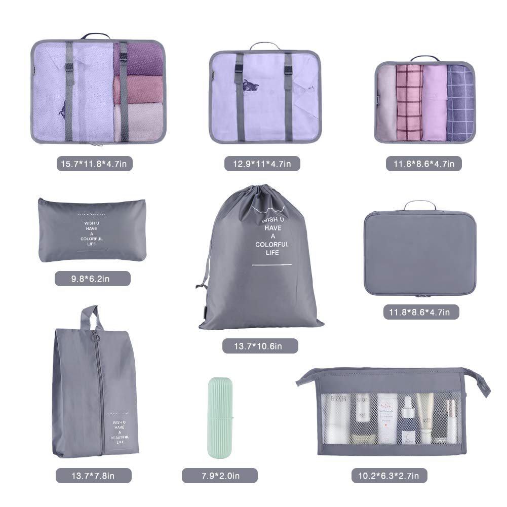 Packing Cubes for Suitcase,Geediar 9 PCS Travel Luggage Packing Organizers Waterproof Travel Essentials Bag Clothes Shoes Cosmetics Toiletries Storage Bags(a-Grey)